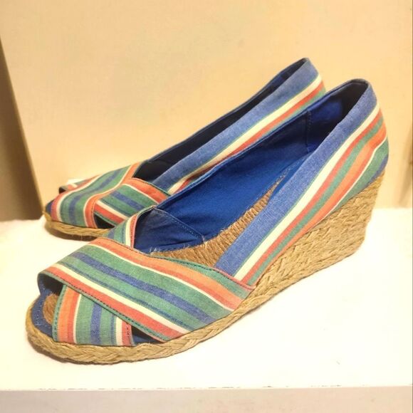Lauren Ralph Lauren Cecelia Canvas Peep Toe Wedge Heel Espadrilles Sz. 8.5 $195 - Picture 1 of 9
